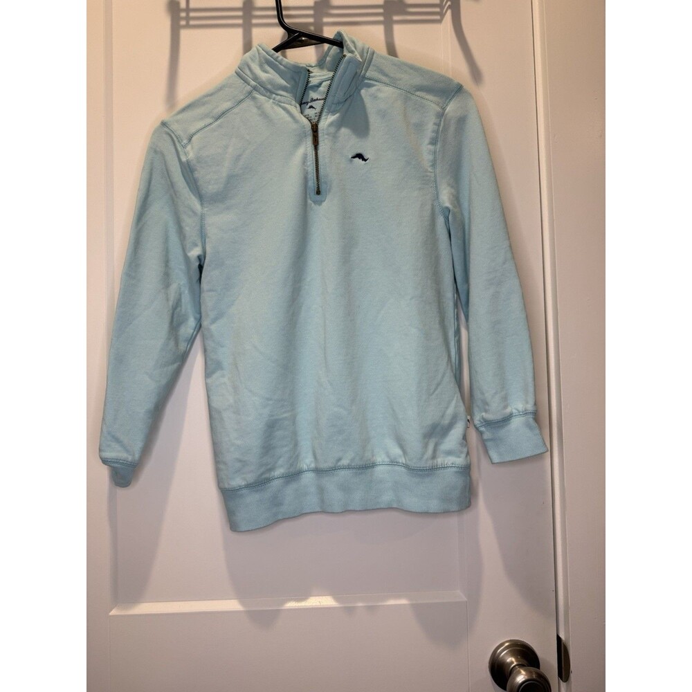 Tommy Bahama Boys Blue 1/4 Zip Mock Neck Knit Logo Pullover Sweatshirt L 10-12